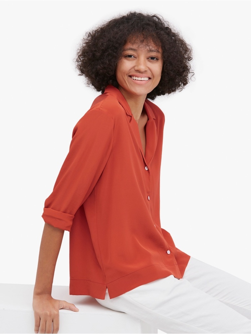 Lily Silk 100% Pure Mulberry Silk Button-Front Women’s Blouse - Coral- Sz Small